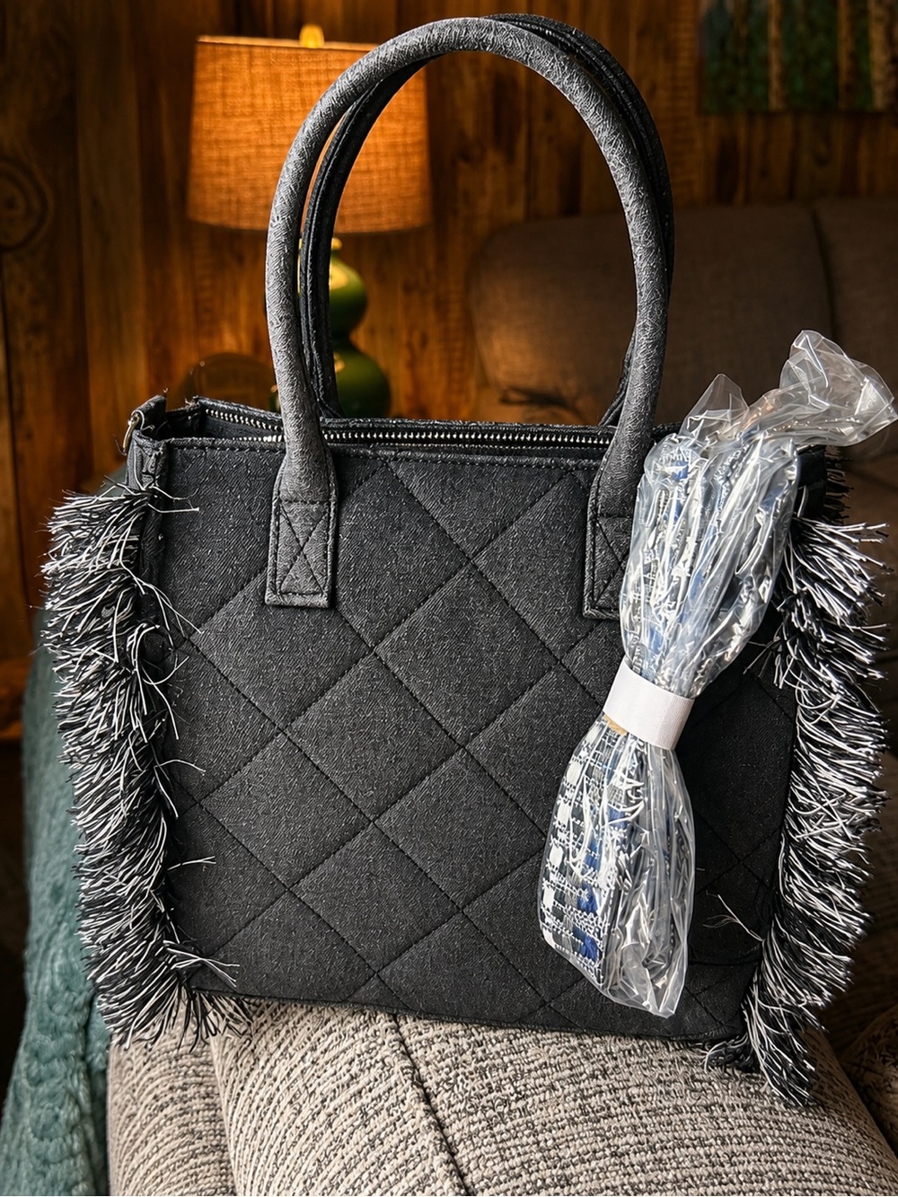 Washed Denim Satchel/ Crossbody Bag with Fringe  by Colin Collection